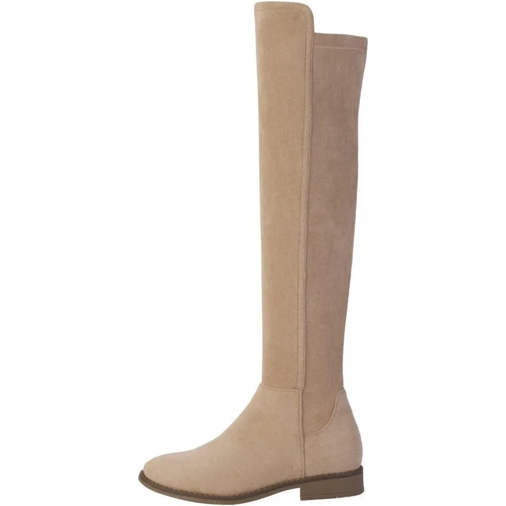 Women Khaki Suede Thigh High Over The Knee Flat Low Heel Long Round Toe Boots